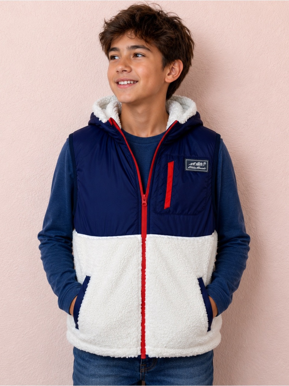 Eddie Bauer Sherpa Hooded Vest – Kids Size Large (14) Navy/Cream